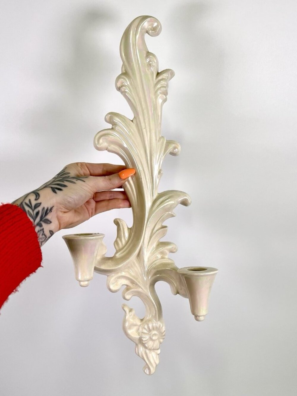 Vintage Hollywood Regency Ceramic Wall Sconce Candle Holder Iridescent Rococo